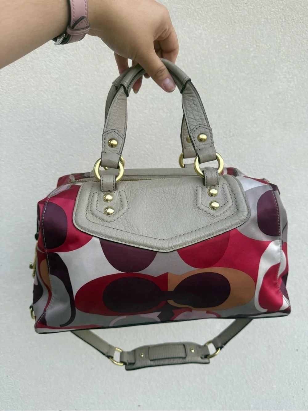 Coach Multicolor Circle Print Satchel in Taupe, Red & Pink